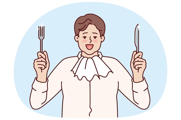 Hombre gordo con servilleta alrededor del cuello sostiene el tenedor y el cuchillo y se prepara para una cena abundante y comer