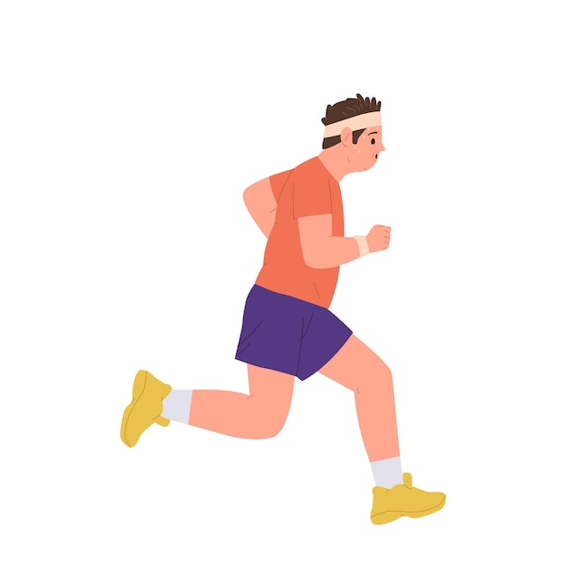Hombre gordo con sobrepeso personaje de dibujos animados corriendo haciendo ejercicio cardio para perder peso aislado en blanco