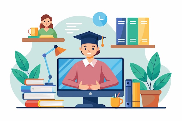 Un hombre con una gorra de graduación sentado frente a una computadora asistiendo a un seminario en línea Un estudiante escucha un seminario web en línea Ilustración vectorial plana simple y minimalista