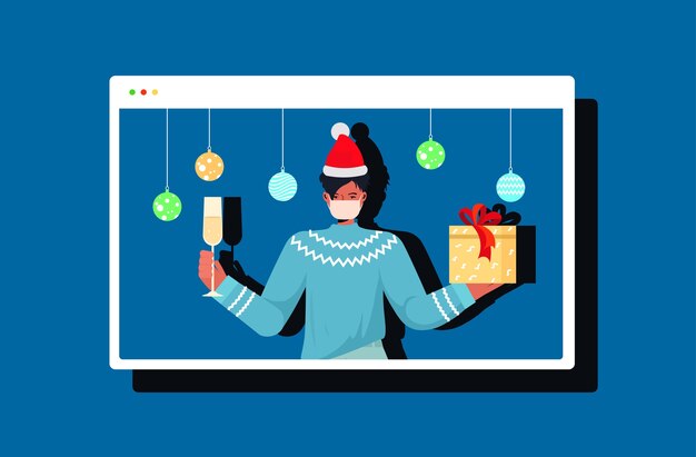 Vector hombre con gorro de papá noel con máscara año nuevo celebración de vacaciones de navidad chico en la ventana del navegador web divirtiéndose en línea concepto de comunicación ilustración horizontal