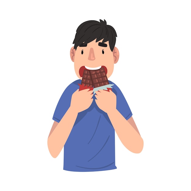 Hombre gracioso comiendo barra de chocolate Hombre de diente dulce Personaje de dibujos animados disfrutando de comer dulces Ilustración vectorial