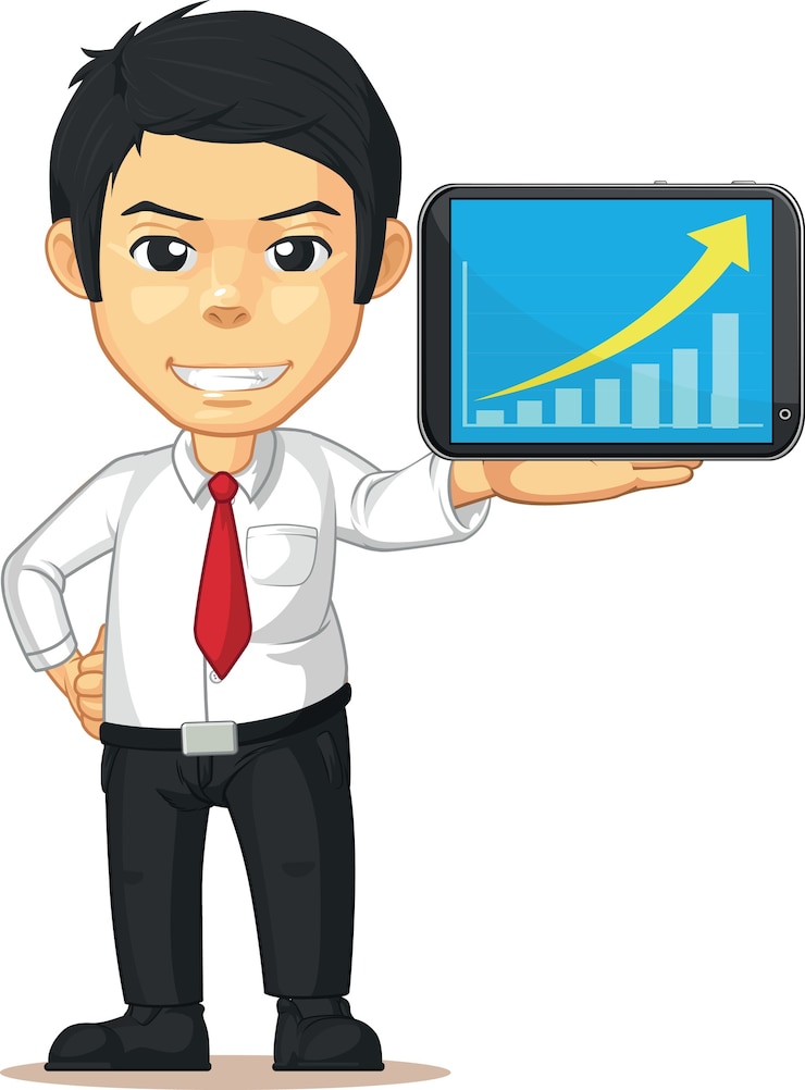 Vector hombre con gráfico o gráfico en aumento en dibujos animados aislados de tableta móvil