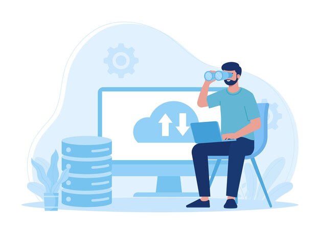 hombre con grandes datos análisis de nube concepto de portátil ilustración plana