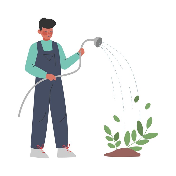 Vector hombre granjero jardinero riego de plantas usando mangueras hombre trabajador agrícola personaje en mono trabajando en jardín ilustración vectorial de estilo dibujos animados