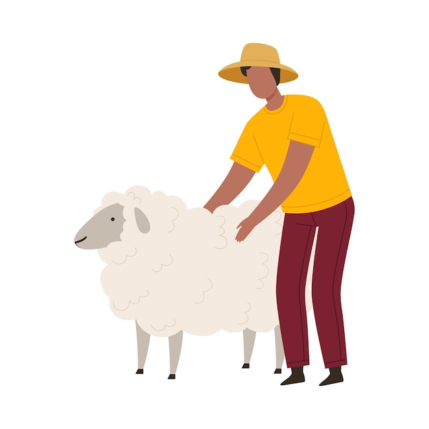 Hombre granjero con sombrero de paja acariciando ovejas Ilustración vectorial