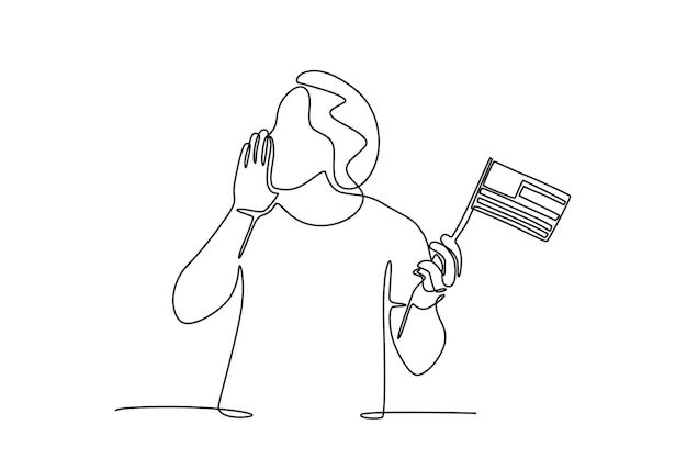 Hombre gritando 4 de julio sosteniendo una bandera de los Estados Unidos 4 de julio concepto dibujo en línea