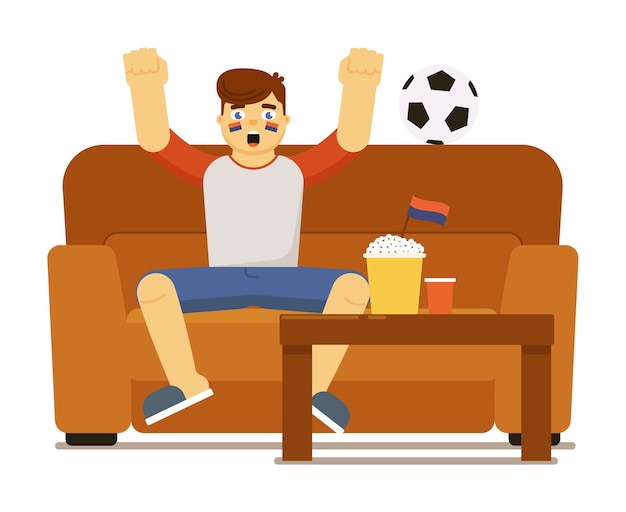 Vector hombre gritando emocionado viendo fútbol partido de fútbol en la televisión sentado en el sofá en casa ilustración aislada sobre fondo blanco