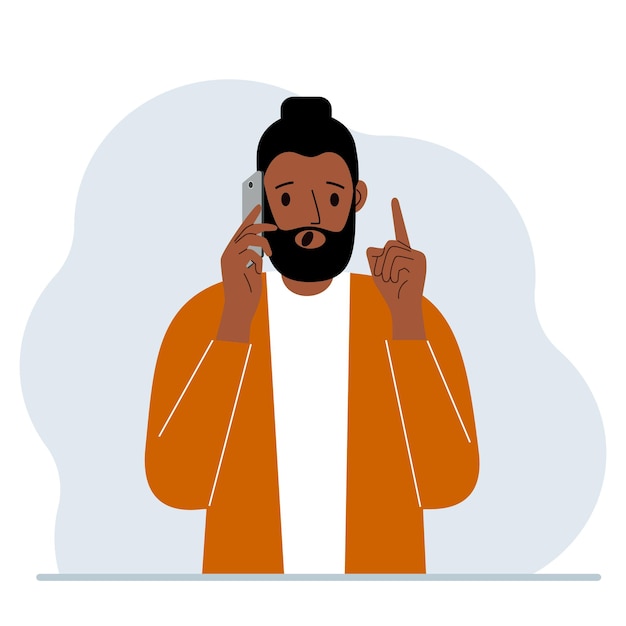 Hombre gritando hablando por un teléfono celular con emociones. Una mano con el teléfono y la otra con un índice hacia arriba.