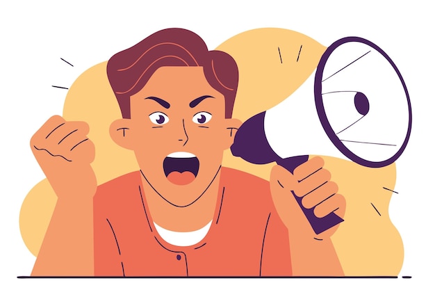 Hombre gritando en un megáfono Comercial de publicidad de promoción Ilustración vectorial