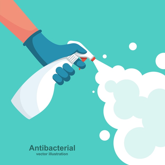Un hombre con guantes sostiene una botella de spray antiséptico Un frasco antibacteriano mata las bacterias