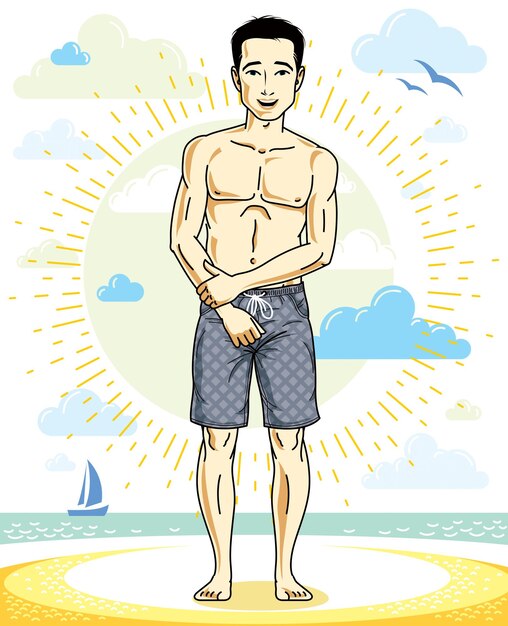 Vector hombre guapo adulto parado en una playa tropical con pantalones cortos brillantes. vector ilustración de hombre agradable y deportivo. imágenes prediseñadas de tema de verano.