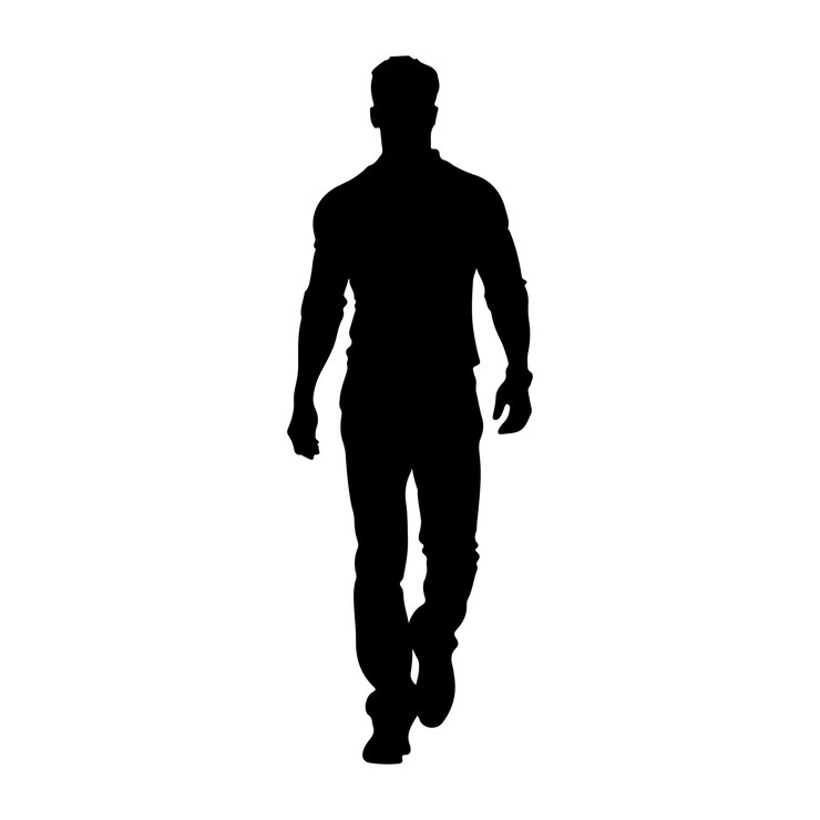 Hombre guapo en camiseta caminando hacia adelante silueta vectorial aislada vista delantera