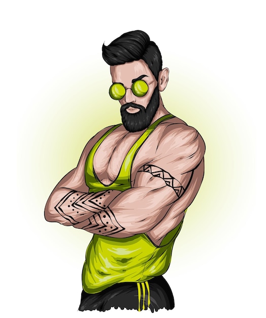 Vector hombre guapo con cuerpo musculoso en ropa deportiva y gafas