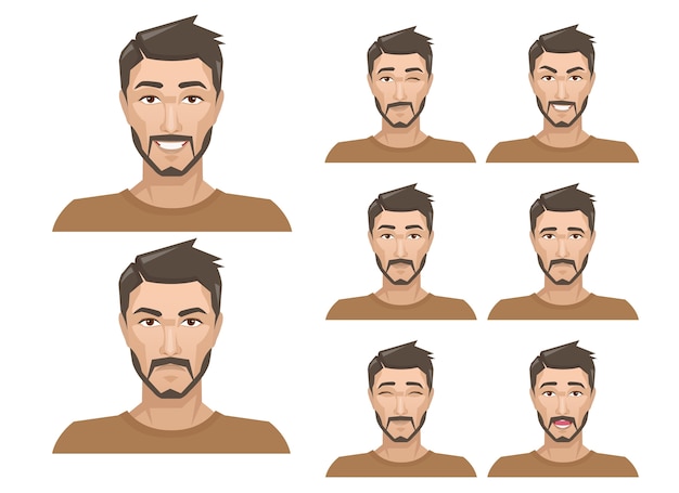 Vector hombre guapo con diferentes expresiones faciales.