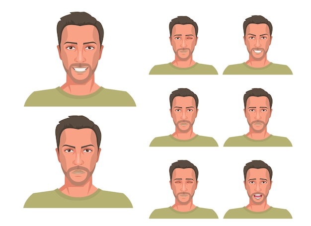 Vector hombre guapo con diferentes expresiones faciales.