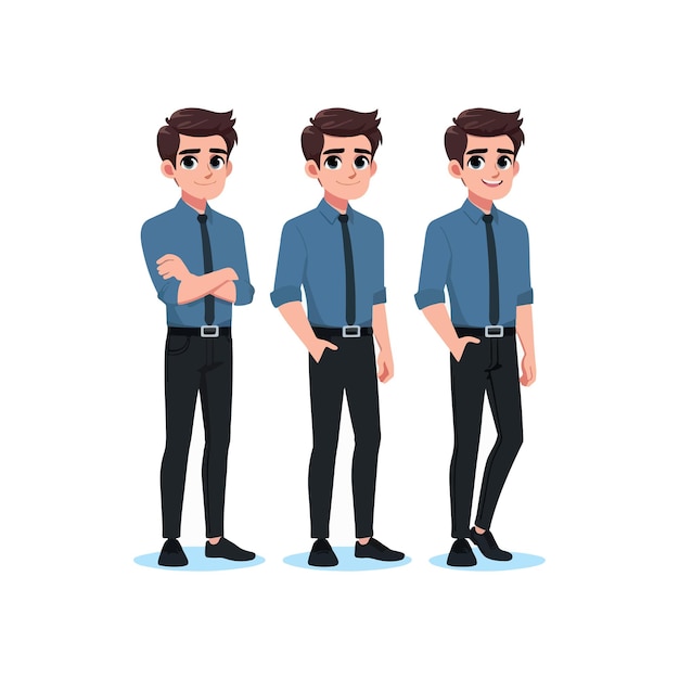 Un hombre guapo en diferentes poses con pantalones negros y camisa azul recuperado