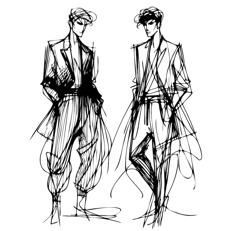Hombre guapo con estilo en ropa de moda Hombre de dibujos animados Modelo masculino dibujado a mano Bosquejo
