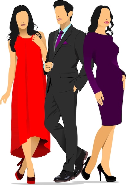 Hombre guapo joven y dos mujeres jóvenes Empresario Mujer de negocios Ilustración vectorial