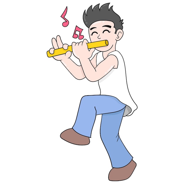 Hombre guapo músico tocando la flauta entreteniéndose. icono de doodle kawaii.