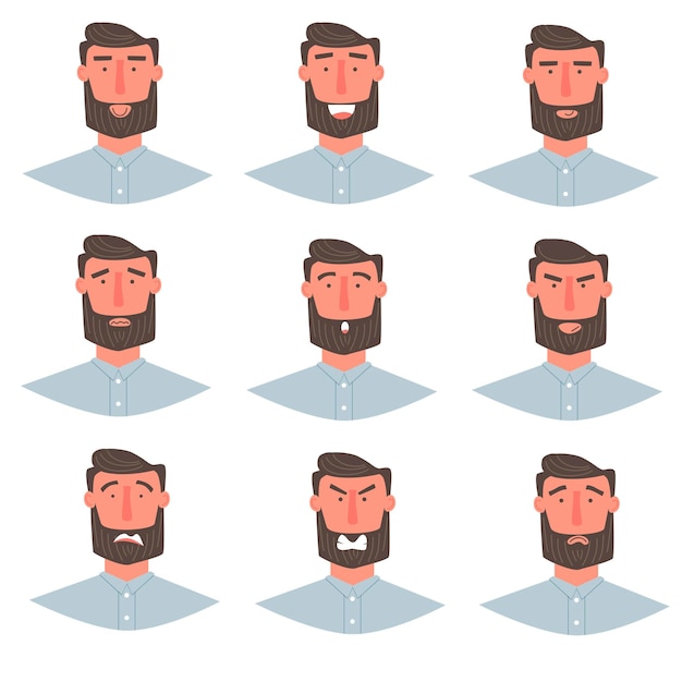 Hombre guapo con retrato de barba con diferentes expresiones faciales conjunto aislado sobre fondo blanco. Chico joven sonriendo, feliz, miedo, enojado, saludando a las emociones frente al carácter vectorial.