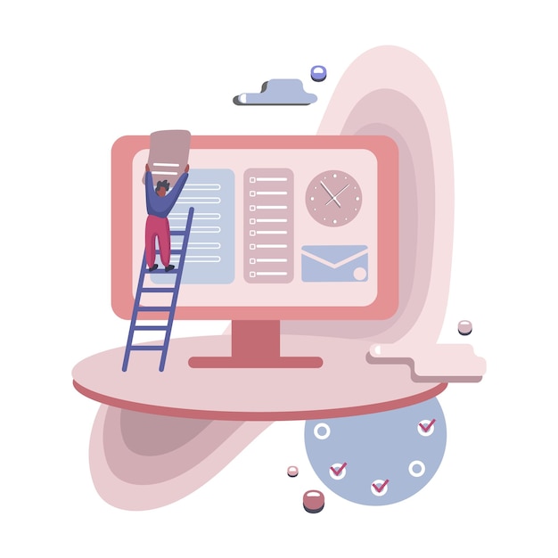 Hombre guapo sin rostro con lista de tareas en el concepto de dibujos animados de monitor gigante Planificación del tiempo haciendo progresos y trabajo duro gráfico vectorial plano sobre fondo blanco