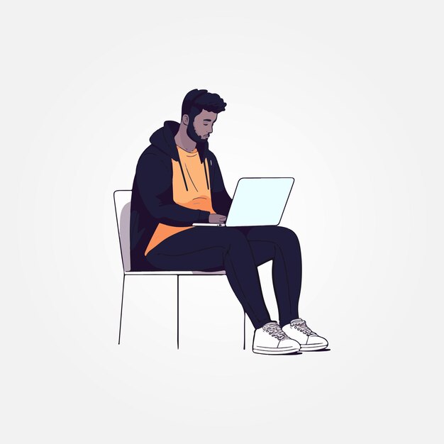 hombre guapo sentado trabajando en su computadora portátil