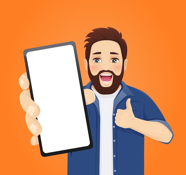 Hombre guapo sorprendido mostrando gesto de pulgar hacia arriba e ilustración de vector de pantalla de teléfono en blanco