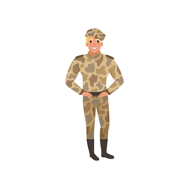 Hombre guapo en uniforme de camuflaje comandante de infantería joven en ropa militar vector plano