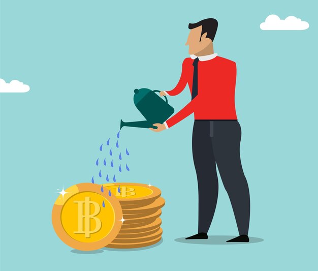 Hombre guardar bitcoin, bitcoin crecimiento financiero y futuro concepto de inversión ilustración vectorial plana