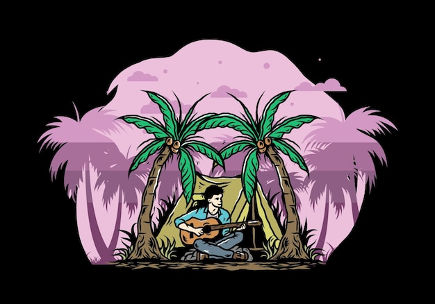 Hombre con guitarra frente a la carpa entre la ilustración del árbol de coco