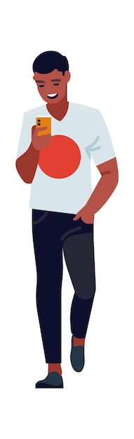 Hombre hablando por teléfono. chico caminando con smartphone. ilustración vectorial