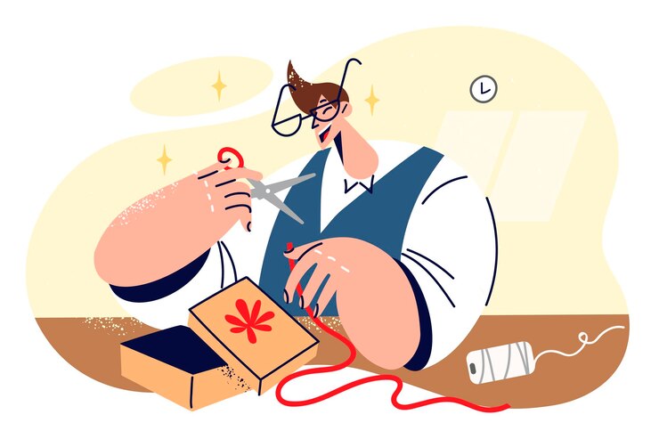 Vector el hombre hace una caja de regalo sentado en la mesa y corta un trozo de cinta roja para crear una hermosa caja de regalo. un hombre feliz prepara una caja de regalo para su novia en honor al cumpleaños o la celebración navideña.