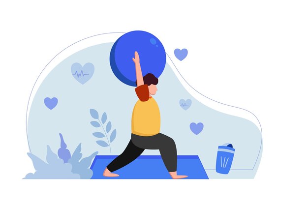 El hombre hace la pose de yoga con la pelota en la ilustración del colchón