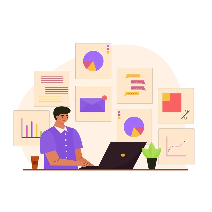 Vector hombre hace trabajo multitarea en computadora portátil ilustración trabajo remoto o independiente manejar muchos trabajos