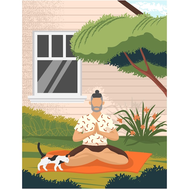 hombre, hacer, yoga, en, casa, patio trasero, vector, caricatura