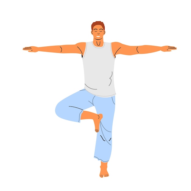 Hombre haciendo asanas de yoga con ropa de entrenamiento Ejercicios para el equilibrio de la fuerza y la atención plena