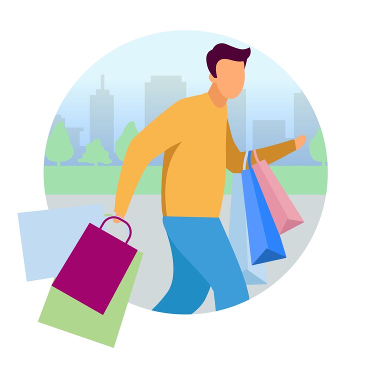 Vector hombre haciendo compras concepto plano icono. guy date prisa con bolsas de compras pegatina, imágenes prediseñadas. adicto a las compras, cliente, comprador personaje de dibujos animados. ilustración aislada sobre fondo blanco