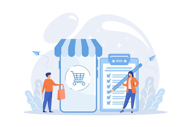 Hombre haciendo compras de la lista de compras. Cliente con paquete, comprando bienes. Acuerdo de compra,