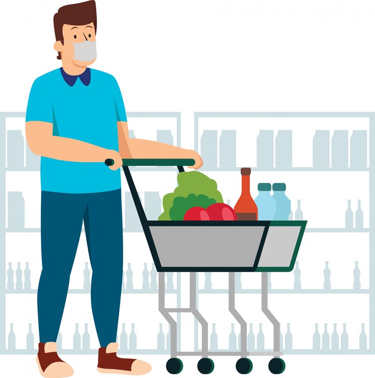 Vector un hombre haciendo compras durante la nueva normalidad mientras sigue usando una máscara médica