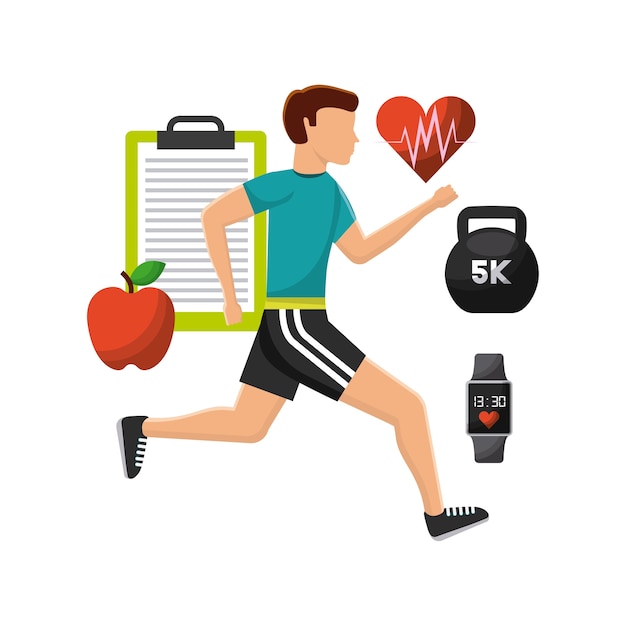 hombre haciendo ejercicio con iconos de estilo de vida saludable alrededor