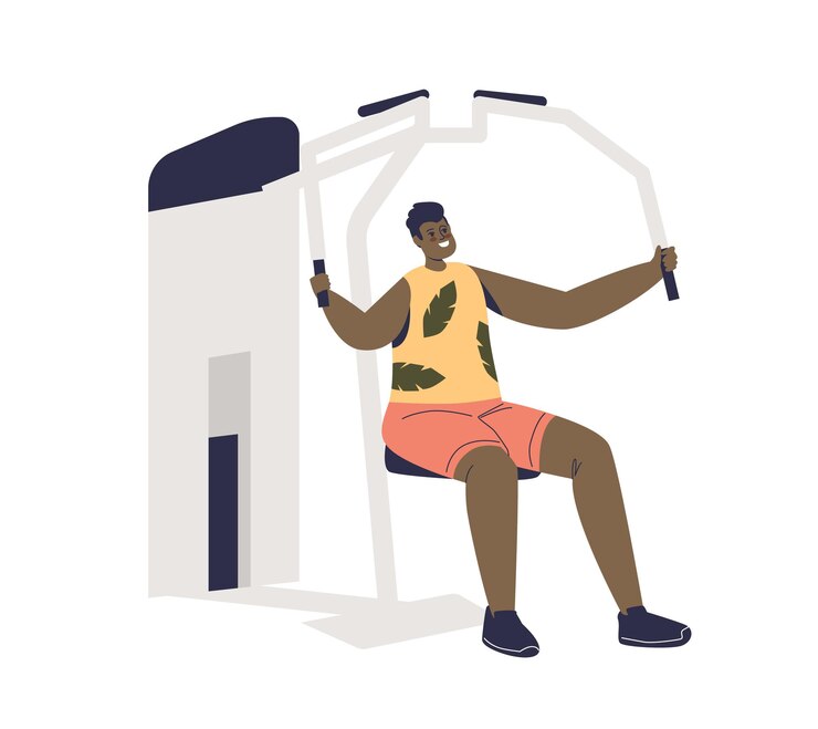 Vector hombre haciendo ejercicio en máquinas deportivas de gimnasio, entrenamiento de los músculos del brazo. varón joven en aparato entrenador. concepto de deporte, fitness y entrenamiento.