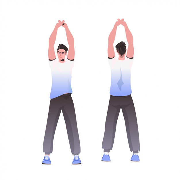 Vector hombre haciendo ejercicios de fitness de yoga entrenamiento concepto de estilo de vida saludable chico trabajando vista frontal trasera aislada ilustración de cuerpo entero