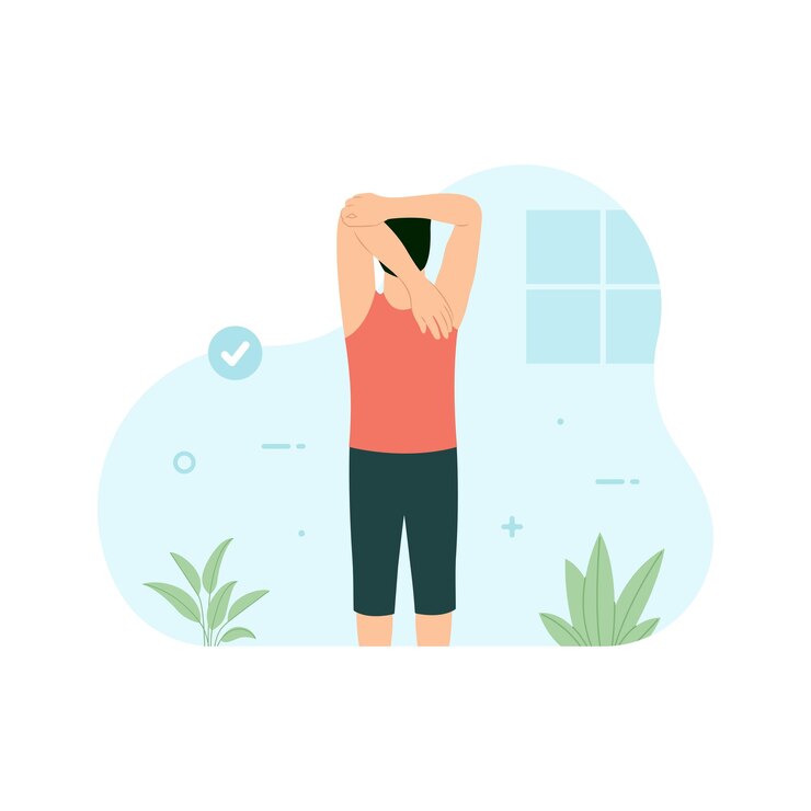Vector hombre haciendo estiramiento de tríceps en el gimnasio entrenamiento y ejercicio concepto ilustración vectorial plana