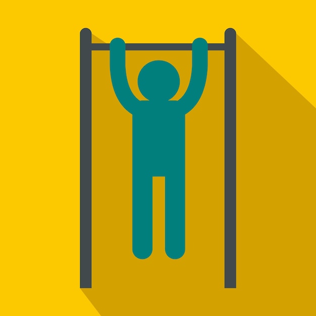Hombre haciendo flexiones en el icono de la barra horizontal en estilo plano sobre un fondo amarillo