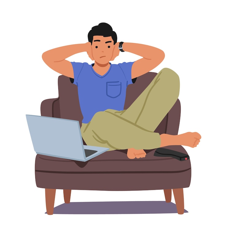 Vector hombre haciendo muecas con las manos sobre las orejas, computadora portátil que muestra titulares de noticias falsas, frustración e incredulidad evidentes en su expresión mientras se protege de información falsa, ilustración vectorial de dibujos animados