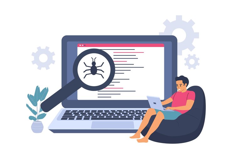 Vector hombre haciendo software de prueba beta en la computadora. ilustración vectorial