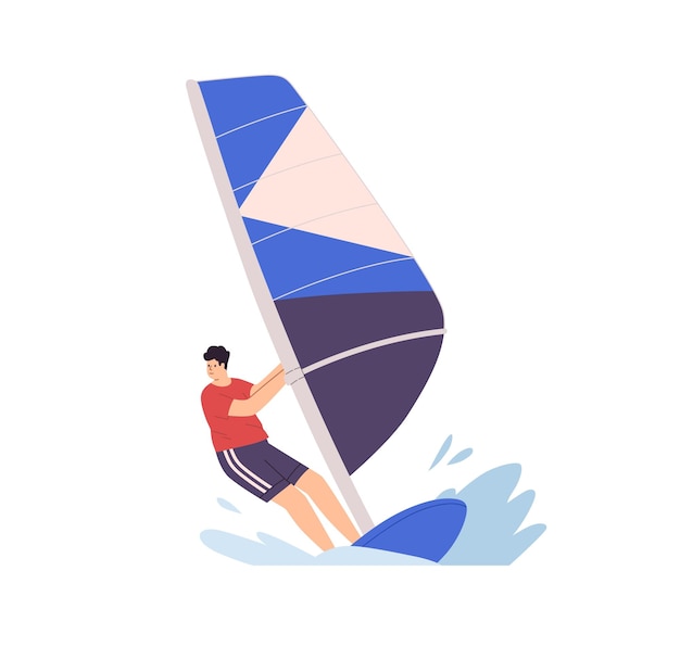 Hombre haciendo windsurf, de pie a bordo con vela sobre las olas. Paseos en windsurf y surf en tabla de vela. Boardsailing, deporte acuático extremo de verano. Ilustración de vector plano aislado sobre fondo blanco.