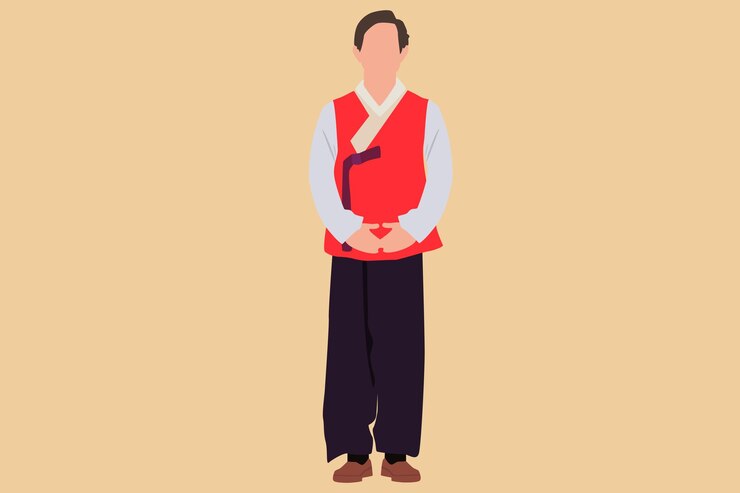 Hombre con el hanbok rojo de pie en el Año Nuevo coreano
