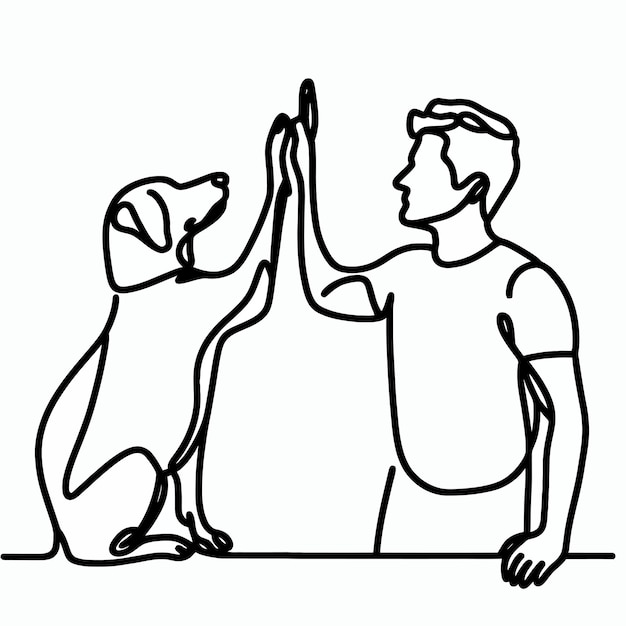 Hombre highfiving perro en línea continua estilo de dibujo de arte mascota y gente amistad sk lineal negro