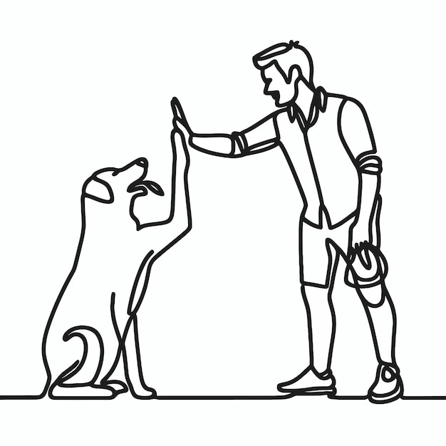 Hombre highfiving perro en línea continua estilo de dibujo de arte mascota y gente amistad sk lineal negro